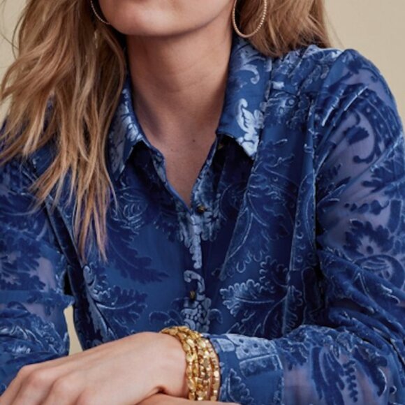 Soft Surroundings Floreat Velvet Burnout Shirt Womens M Sapphire Boho Classic - Picture 12 of 13